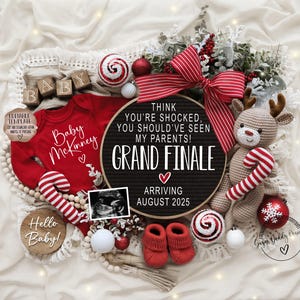 Anuncio divertido de embarazo navideño digital, gran final sorpresa para revelar al bebé en las fiestas, plantilla editable para redes sociales Last One Seriously