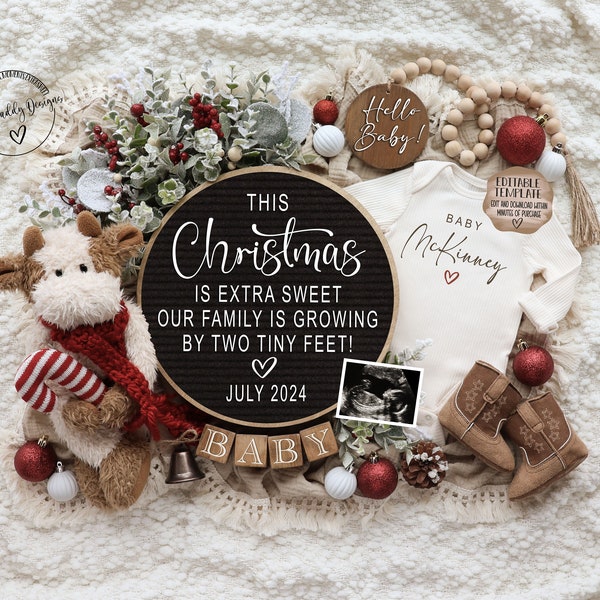 Western Christmas Digital Pregnancy Announcement, December Cowboy Baby Announcement, Social Media, Editable Template, Two Boots