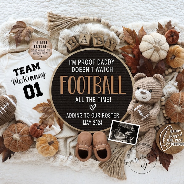 Fall Football Pregnancy Announcement Digital, Daddy Doesn't Watch Football all the Time, Social Media Editable Template, Funny Baby Announce