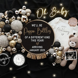 Digitale Schwangerschaftsankündigung für Neujahr, Neujahr Babyankündigung, Gender Neutral Boho, Bearbeitbare Vorlage, knallende Flaschen im Jahr 2025