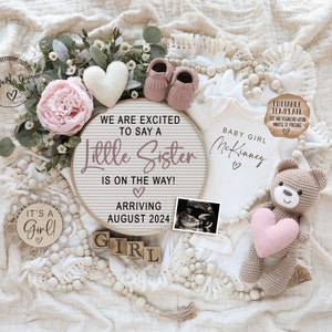Baby Schwester Digitale Schwangerschaftsankündigung für soziale Medien, Es ist eine Mädchengeschlechtsoffenbarung-Babymitteilung, bearbeitbare Boho-Gender-Offenbarung