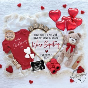 Anuncio de embarazo para el día de San Valentín, anuncio de bebé digital, plantilla editable, descarga instantánea, plantilla de género neutro, estamos esperando
