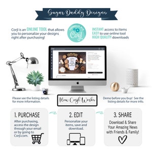 May include: A computer screen displays a baby announcement design, with the text "BABY" and "Adding a little more love." The image also shows a modern desk setup with a desk lamp, a succulent, and decorative items. The text "Sugar Daddy Designs" is at the top.