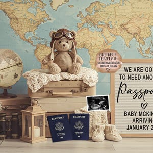 Preciso de outro passaporte? Anúncio de gravidez digital, Anúncio de viagem de bebê, Modelo editável, Nossa próxima aventura, Revelação neutra do bebê