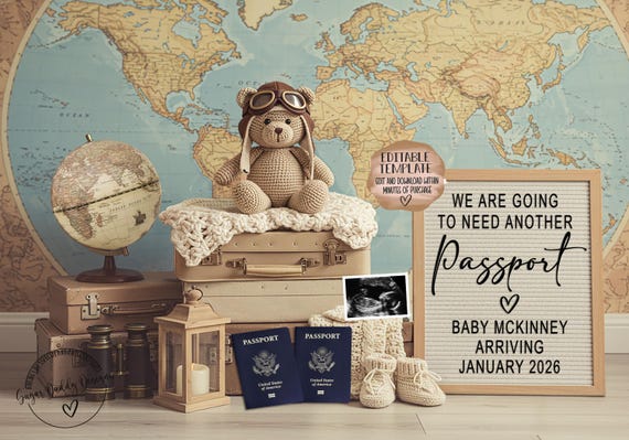 Travel Theme Pregnancy Announcement: Editable Passport Template (Digital Download)