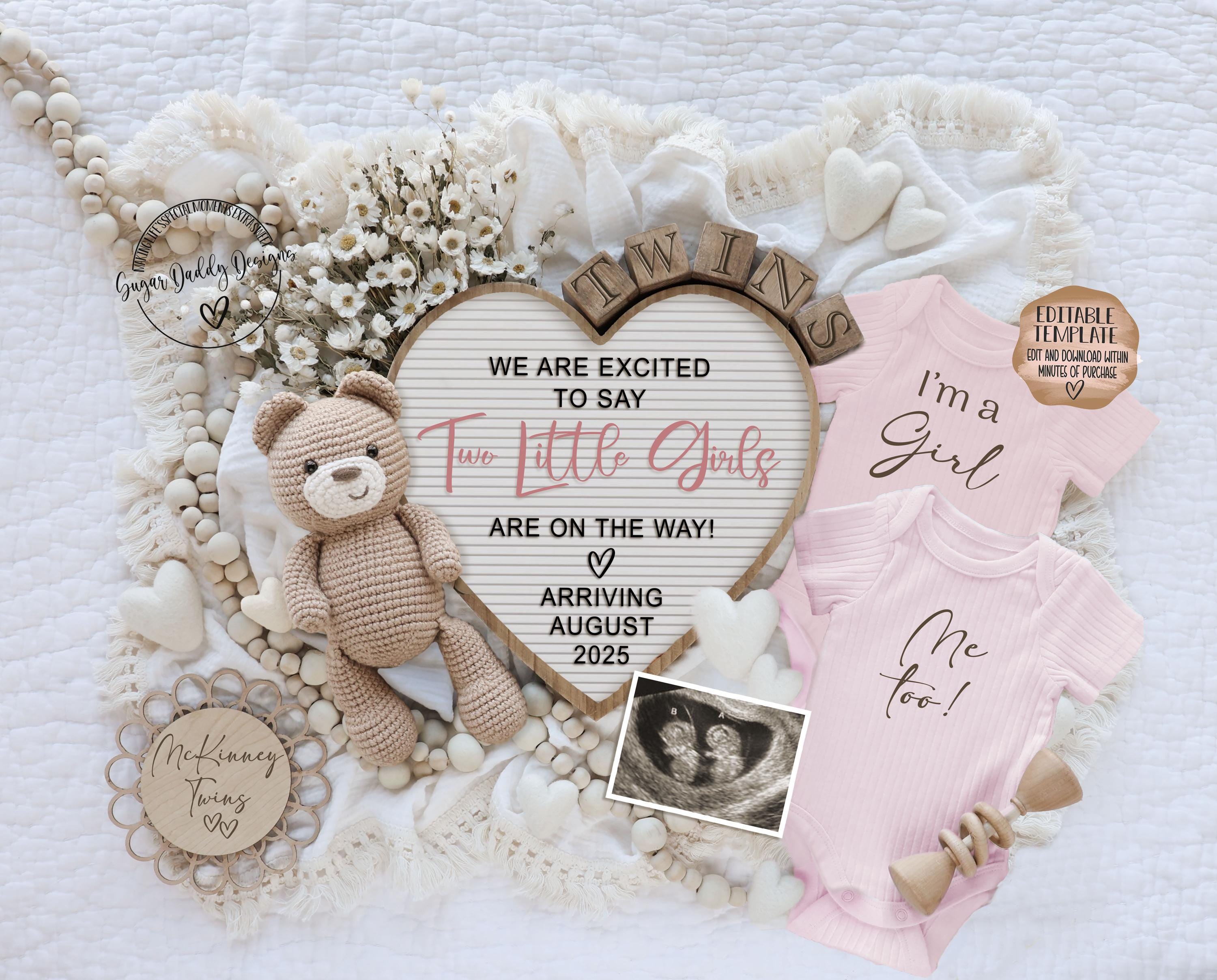 Twin Girls Pregnancy Announcement: Editable Social Media Template (Digital Download)