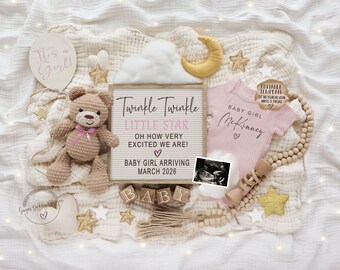 May include: A baby announcement with a pink onesie, a crocheted teddy bear, and wooden blocks spelling "BABY." The announcement includes the text "Twinkle Twinkle Little Star" and "Baby Girl arriving March 2026."
