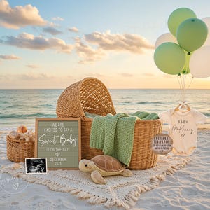 Annuncio di gravidanza in spiaggia, modello digitale per annuncio di nascita, idee per rivelare la gravidanza in spiaggia, download immediato, dolce bambino, tartaruga marina