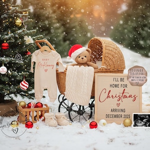 Weihnachtsschwangerschaftsankündigung Digital, fällig im Dezember Babyankündigung, geschlechtsneutrale bearbeitbare Vorlage, ich werde Weihnachten zu Hause sein