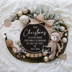 Faire-part de grossesse numérique de Noël, faire-part de bébé de décembre non sexiste, réseaux sociaux, modèle modifiable instantanément, deux petits pieds