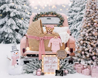 May include: A pink vintage truck bed is filled with baby items, including a woven bassinet, teddy bear, and a onesie that says "Baby Girl". A sign announces "Little Sister" arriving June 2026. A snowman and Christmas tree complete the winter scene.