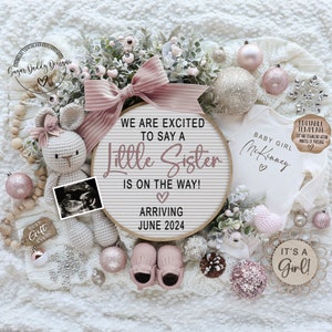 Faire-part de grossesse numérique petite soeur pour les réseaux sociaux, faire-part de bébé Noël fille, révélation de genre Boho modifiable