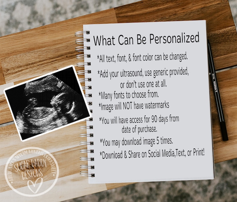 May include: A black and white ultrasound image next to a spiral-bound notebook with the text "What Can Be Personalized." The notebook also lists customization options. The image is on a wooden surface.