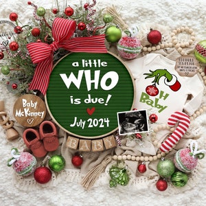 Weihnachtsschwangerschaftsankündigung Digital, lustige Feiertags-Babymitteilung, Weihnachtsgrinch-Thema, bearbeitbare Vorlage, ein kleiner Wer ist fällig