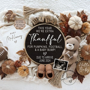 Faire-part de grossesse numérique pour Thanksgiving, faire-part de bébé de football d'automne, modèle modifiable de révélation de genre pour les médias sociaux