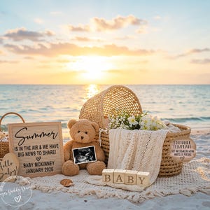 Summer Pregnancy Announcement, Digital Beach Pregnancy Announcement Template, Beach Baby Reveal, Instant Download, Cute Beach Announcement