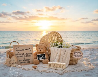Beach Pregnancy Announcement: Summer Baby Reveal, Editable Template (Digital Download)