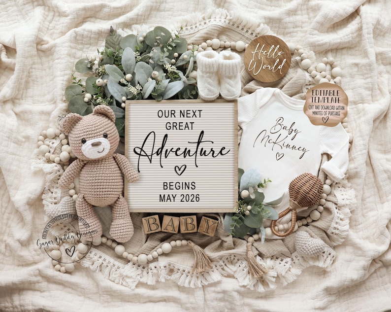 Adventure Pregnancy Announcement · Neutral Boho Teddy Bear Baby Reveal · Editable Digital Template image 2