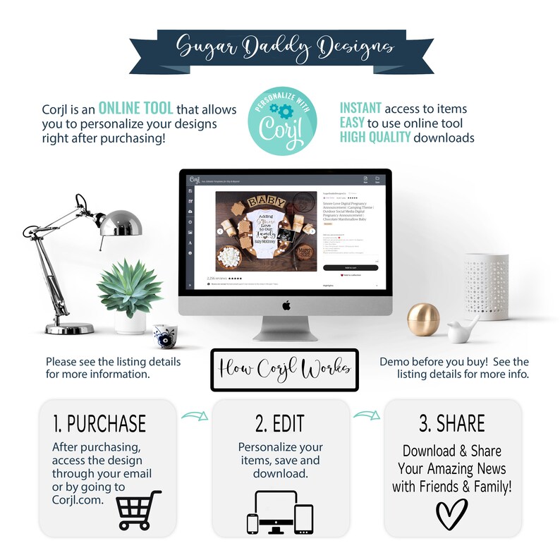 May include: A computer screen displaying a mockup of a baby shower invitation with the text "Baby" and "It's a Boy!" on a wooden background. The screen is on a desk with a lamp and a plant. The text "How Corjl Works" is below the screen. The image also shows three steps for using the Corjl online tool: purchase, edit, and share.