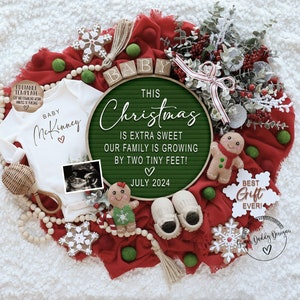 Anuncio de embarazo digital de Navidad, tarjeta de anuncio de bebé de pan de jengibre, redes sociales, plantilla editable instantánea, dos pies diminutos
