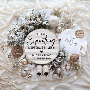May include: A white knitted blanket with a wooden sign that reads "We are Expecting a Special Delivery! Due to Arrive December 2024". There are gold ornaments, a baby onesie that reads "Baby McKinney", and a wooden sign that reads "Oh Baby" on the blanket.