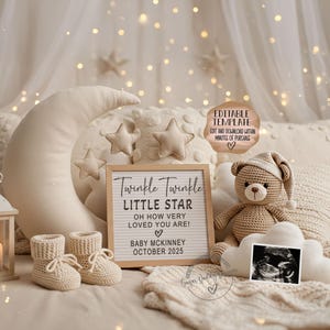 妊娠発表テンプレート、デジタル赤ちゃん発表、きらきら星の発表、即時ダウンロード、愛してるよ月と背中