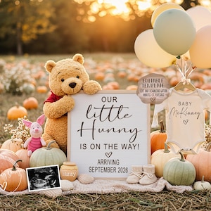 以下が含まれることがあります： カボチャ、風船、プーさんのぬいぐるみを使った秋をテーマにした妊娠発表。看板には「Our little Hunny is on the way! 2026年9月到着」と書かれています。ベビーボディスーツと超音波画像も含まれています。