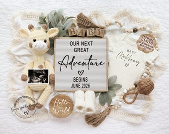 Our Next Adventure Pregnancy Announcement: Editable Giraffe Baby Reveal Digital Template