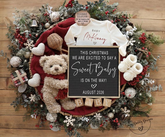Christmas Pregnancy Announcement: Holiday Digital Baby Reveal, Special Gift, Instant Editable Template