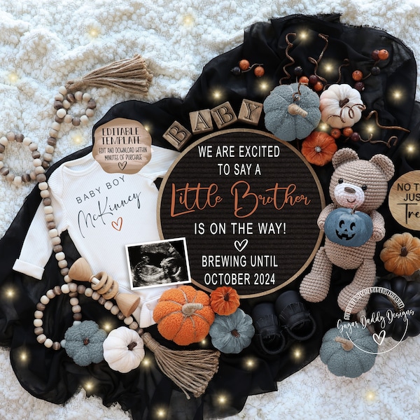 Halloween Baby Brother Digital Pregnancy Announcement, It's a Boy Gender Reveal Baby Announce, Editable Template Gender Reveal Social Media