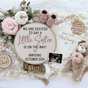 Baby Schwester Digitale Schwangerschaftansage für Social Media, Es ist eine Mädchen Herbst Gender Reveal Babymitteilung, bearbeitbare Boho Gender Reveal