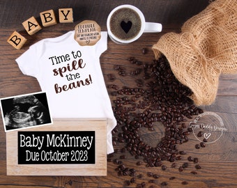 Spill the Beans Digital Pregnancy Announcement | Coffee Baby Social Media Pregnancy Announcement | Baby Coffee | Coffee Beans | Facebook