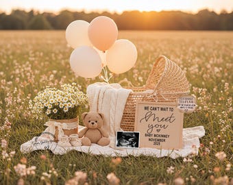 May include: A gender reveal announcement with a wicker basket, balloons, a teddy bear, and a sign that reads "We can't wait to meet you Baby McKinney November 2023".