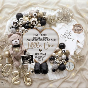 Annuncio di gravidanza digitale per il Capodanno 2026, Annuncio di nascita per il Capodanno 2026, Modello modificabile gender neutral 2026, Presentazione di Capodanno 2026