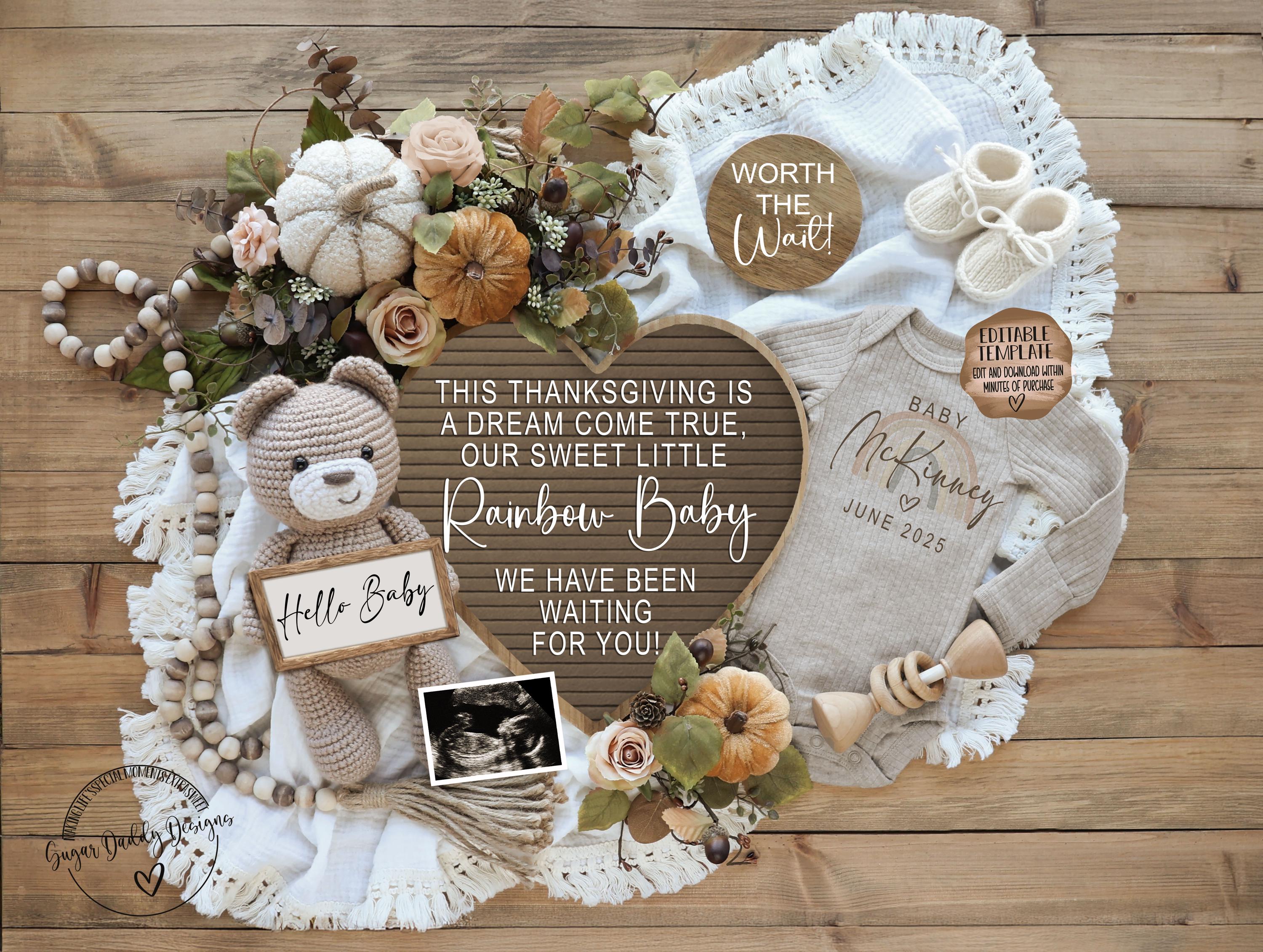 rainbow baby thanksgiving announcement: editable social media