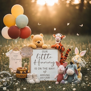May include: A baby announcement featuring Winnie the Pooh characters. A sign reads "Our Little Hunny is on the Way! Arriving July 2026." Balloons, a onesie, and baby shoes are also included. The background is a field of grass.