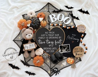 May include: A Halloween-themed pregnancy announcement with a black and white letter board that reads "No trick just a treat our family is growing by two tiny feet brewing until May 2025". There is a black and white ultrasound image, a crocheted brown teddy bear with a sign that says "Hey Boo", and a wooden sign that says "Soon to be a family of three".