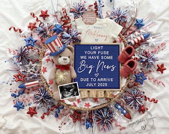 4th of July Teddy Bear Pregnancy Announcement: Patriotic Baby Reveal (Digital Template)