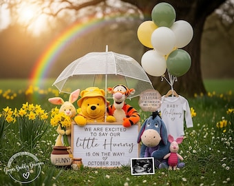 Little Hunny Schwangerschaftsmitteilung | Winnie Puuh Baby offenbaren | Frühling Vorlage