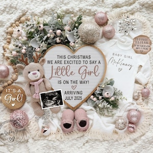 Anuncio digital de embarazo de niña en Navidad en redes sociales, anuncio de revelación de género de bebé para las fiestas navideñas, revelación de género editable