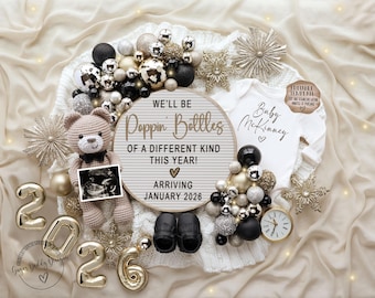 May include: A pregnancy announcement with a teddy bear, ultrasound image, baby shoes, and a onesie that says "Baby McKinney." The announcement includes the text "We'll be Poppin' Bottles of a different kind this year! Arriving January 2026."