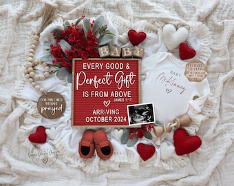 May include: A red and white letter board with the text "Every good & Perfect Gift is from Above" and "Arriving October 2024". A white onesie with the text "Baby McKinney" and a red heart. A wooden sign with the text "For this child we have prayed". Red and white felt hearts, a wooden bead garland, and a pair of red baby booties.