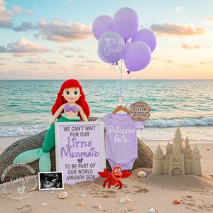 Little Mermaid Pregnancy Announcement, Digital Girl Disney Princess Purple Baby Announce, Instant Social Media Reveal, It&#39;s a Girl Princess