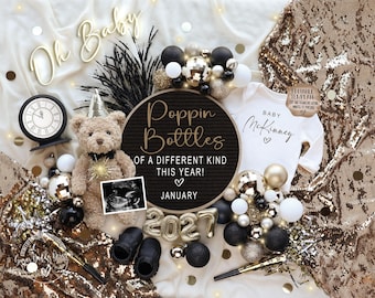 May include: A New Year's themed pregnancy announcement with a teddy bear, ultrasound photo, and a onesie that says "Baby McKinney." The announcement includes the text "Poppin Bottles of a Different Kind This Year! January 2027."