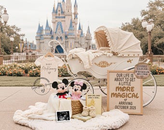 May include: A white baby carriage with a cream canopy sits in front of Cinderella's Castle at Walt Disney World. A sign reads "Our life is about to get a little more magical, arriving October 2025".