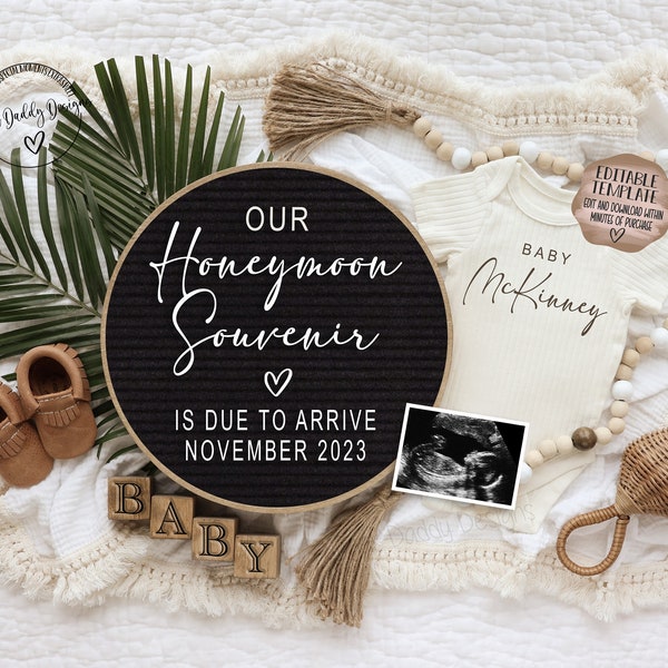 Honeymoon Souvenir Pregnancy Announcement Digital | Tropical Baby Announcement |  Social Media Announce | Editable Template | Honeymoon Baby