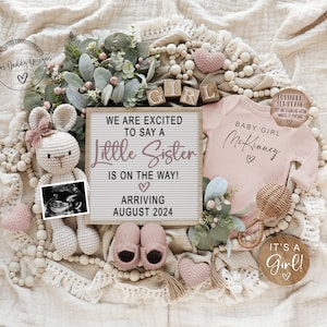 Baby Schwester Digitale Schwangerschaftsankündigung für soziale Medien, Es ist eine Mädchengeschlechtsoffenbarung-Babymitteilung, bearbeitbare Boho-Gender-Offenbarung