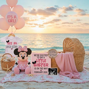 Beach Baby Sister Digital Gender Announcement, Minnie Mouse It's a Girl Beach Gender Reveal Baby Announce, Editable Girl Gender Reveal Idea