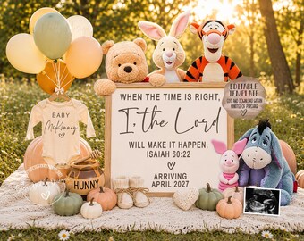 May include: A wooden sign with the text "WHEN THE TIME IS RIGHT, I, THE LORD WILL MAKE IT HAPPEN. ISAIAH 60:22 ARRIVING APRIL 2027" surrounded by Winnie the Pooh characters, a baby onesie labeled "BABY MCKINNEY", balloons, pumpkins, and a honey pot.