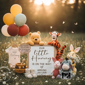 May include: A charming baby announcement featuring Winnie the Pooh characters. A sign reads "Our Little Hunny is on the Way! Arriving July 2026." Balloons, a baby onesie, and baby shoes are also included in the scene. The image is set in a grassy field.
